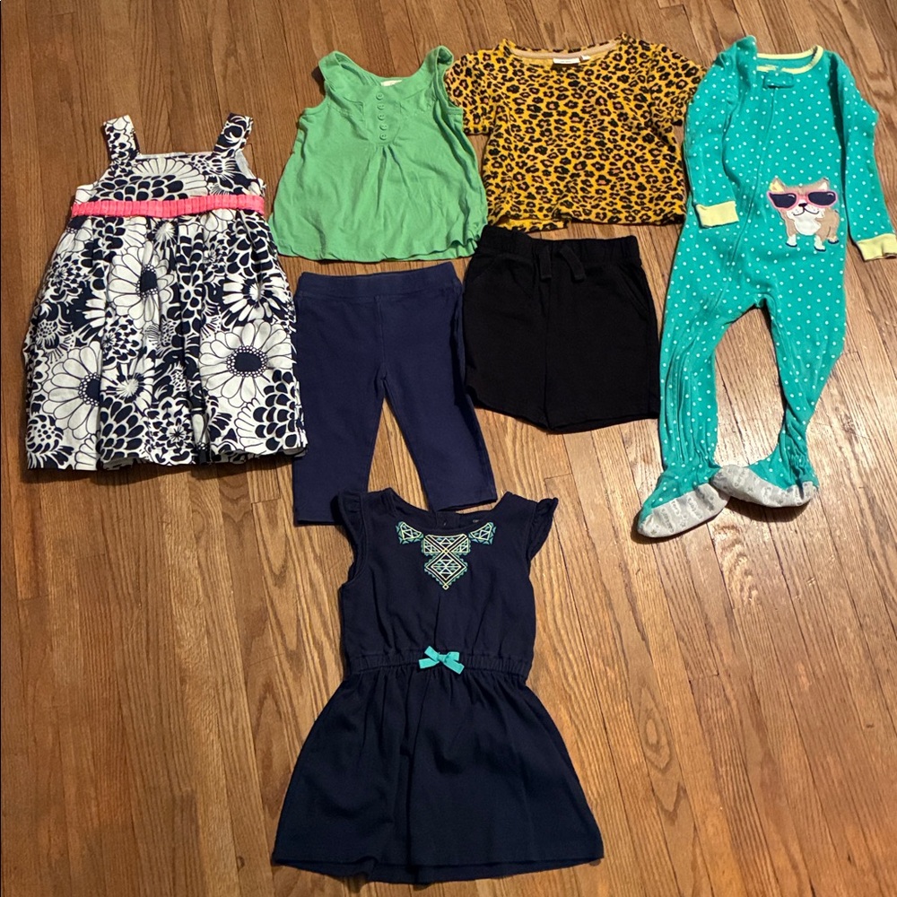 Assorted 3 Year Old Clothes: 1 Dress, 1 Romper, 1 Capri, 1 Short,2 Tops &Sleeper
